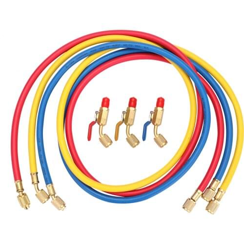 R134A R12 R22 Air Conditioning Refrigerant Charge Hose 1/4'' SAE Thread 60''/1.524m Long Red/Yellow/Blue Tube with Ball Valve