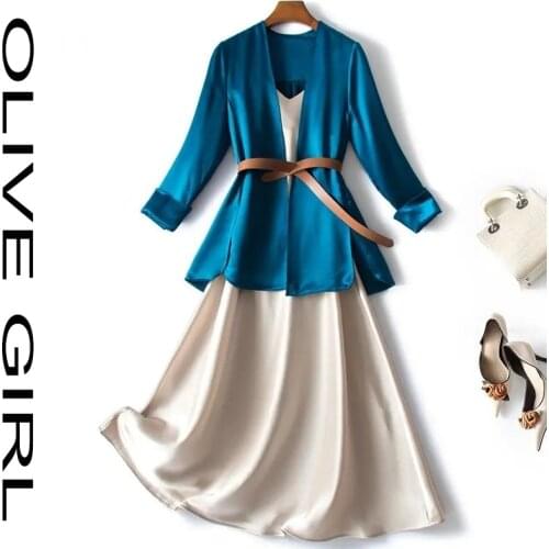 Plus Size Spring and Summer New Korean Style Thin Acetic Acid Satin Dress Suit Female Sling Dress Casual Jacket Two-piece Suit