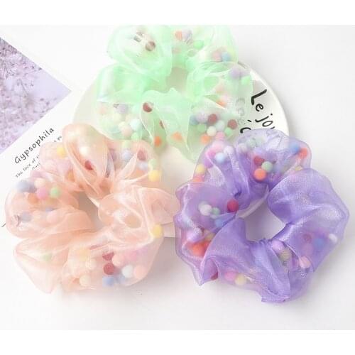 New Organza Scrunchies with Colorful Balls Hair ties for Girls Elastic Hair Band ponytail Holder Organza Women Hair Accessories