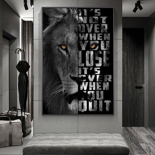 Inspirational Phrase on African Lion Head Canvas Art Posters and Prints Black and White Animals Paintings on the Wall Pictures