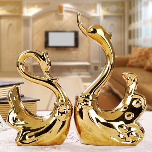 MODERN GOLD SILVER CERAMIC SWAN FIGURINES CRAFTS HOME LIVINGROOM TV CABINET ORNAMENTS DECORATION FENGSHUI OFFICE ACCESSORIES ART