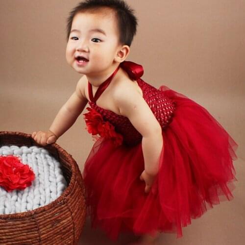 Crochet Baby Tutu Dress Princess Tulle Dress for Party Photo Wedding Big Peony Flower Girls Summer Tutu Dress TS042