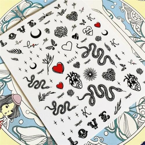 WG414 Snake heart love 3D Back glue Nail Art Stickers Decals Sliders Nail ornament decoration