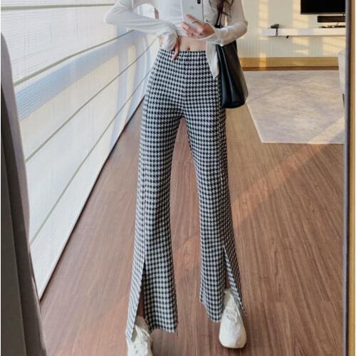 Women Pants Houndstooth Pants Womens Autumn and Winter High Waist Slit Casual Pants Pantalones De Mujer
