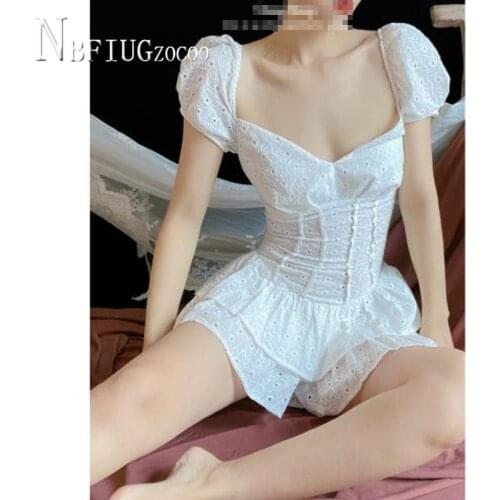 Solid Color Square Collar Puff Sleeve Retro Women Jumpsuits Embroidery Female Playsuit