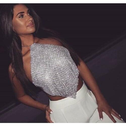 Sexy Halter Rhinestone Body Jewelry Women Low Cut Adjustable Metal Chain Backless Camisole Cropped Top