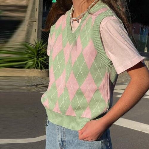 B-TOTO American Retro Hit Color Rhombus V-neck Vest Vest Tide Ins Womens Sleeveless Sweater 2021 New Fashion