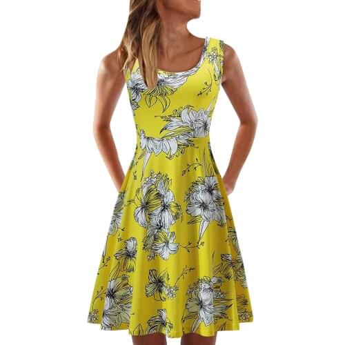 Summer Women Knee Length Flower Printed Sleeveless Pullover Patchwork Spaghetti Straps A-line Dresses