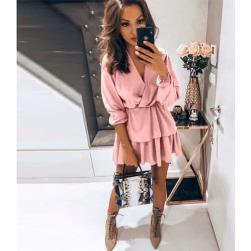 Women Vintage Double Ruffled A-line Party Dress Sexy V neck Solid Elegant Casual Mini Sundress 2020 Autumn New Fashion Dress