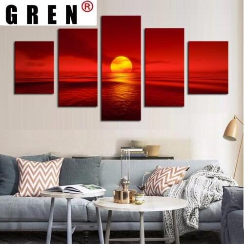 GREN Abstract 5 Pieces Canvas Paintings Posters Prints Sunset Red Sun Sea Natural Landscape Seascape Wall Art Picture Home Decor