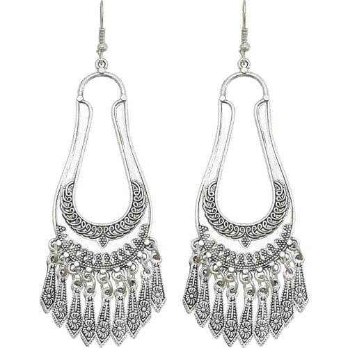 Big Geometic Drop Earrings for Women Boho Vintage Silver Color Metal Carved Flower Hanging Earring Afghan Tribal Jewelry Gift