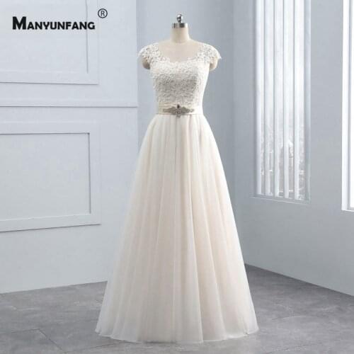 Elegant O-Neck Sweep Train Cap Sleeve A-Line Wedding Dress Real Photo Illusion Back Lace Appliques Tulle Bow Crystal Bridal Gown