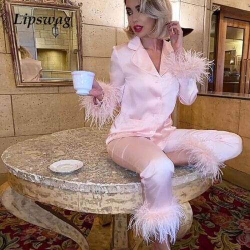 Elegant Turn-down Collar Button Tops+Lady Pants Homewear Outfit Casual Feather Long Sleeve Home Suit Fashion Women Two Piece Set