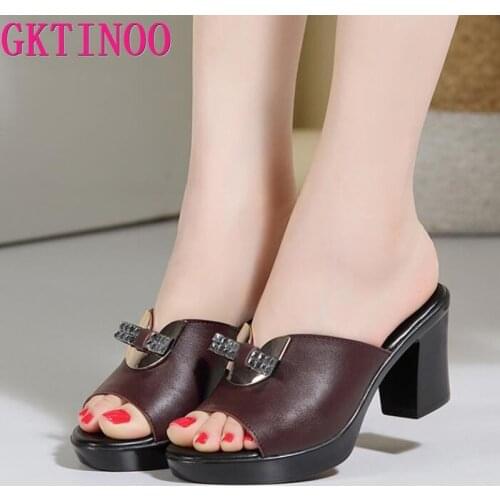 GKTINOO Women Slippers 2021 Ladies Summer Slippers Shoes Women High Heels Fashion Rhinestone Summer Shoes Genuine Leather