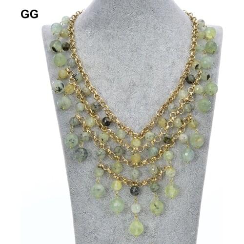 GuaiGuai Jewelry 19" Natural Green Prehnite Gems stone Gold Color Plated Chain Necklace For Women