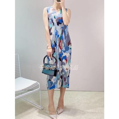 HOT SELLING fashion miyake o-neck sleeveless pleated print straight dress IN STOCK