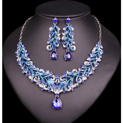 Fashion Indian Blue Rhinestone Wedding Jewelry Sets for Brides Bridal Necklace & Earrings Set Party Costume Decoration for Women