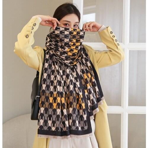 Fashion Imitation Cashmere Women Vintage Houndstooth Print Scarf Wild Winter Warm Shawl Long Wrap Tassel Female Thick Blanket