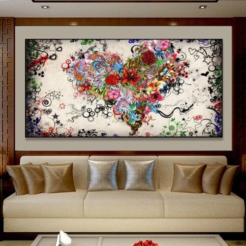 Wall Art Picture Canvas Print Love Painting Abstract Colorful Heart Flowers Posters For Living Room Home No Frame