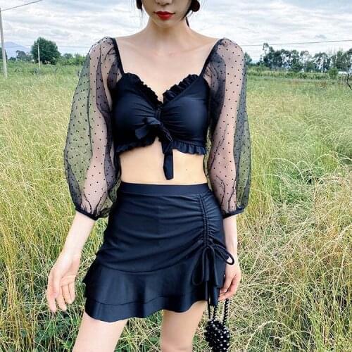 2021 New Korean Sexy Short Sleeve Solid Push Up Padded Pleat Swimsuit Women Bathing Suit Lace Up Swimwear Skirt