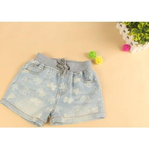 Wholesale 6pcs/lot Baby Girls Short Denim Pants Kids Bowknot-print Short Jeans Girls Casual Short Trousers