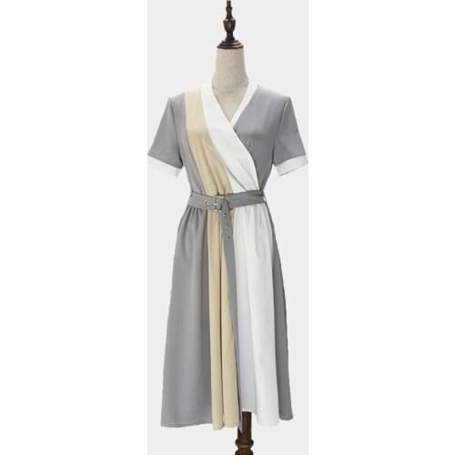 PERHAPS U Gray Khaki White Patchwork V Neck Short Sleeve Casual Knee Length Dress Sash Summer D0547