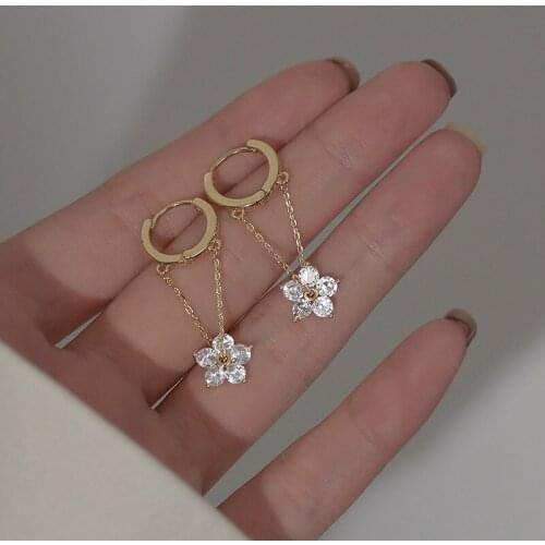Binmonray 925 Sterling Silver Trendy Chain Flower Zircon Dangle Earrings Women Korean New Luxury Crystal Delicate Jewelry Gifts
