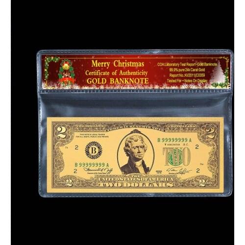 Collect commemorative coins US 2 US dollars banknotes 24k gold gilded Christmas plastic frame paper gifts 2 pieces / batch