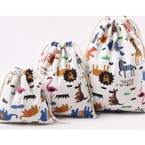 Drawstring Cartoon Animals Printed Storage Bags Organizer Cotton Linen Jewelry Cosmetic PouchBaby Clothing Kids toys Candy Bags