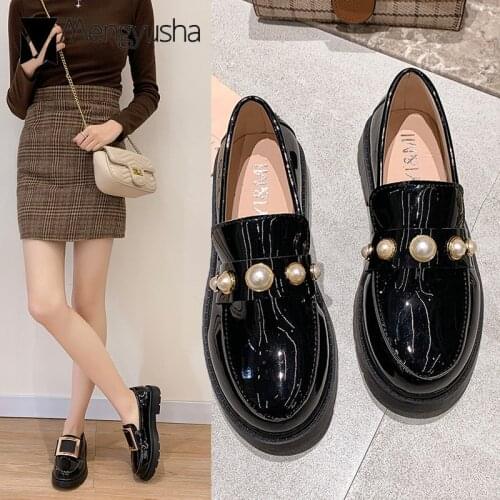 Patent leather creppers pearl studs oxford shoes women slip on flat loafers british crystal/metal square buckle pu leather shoes