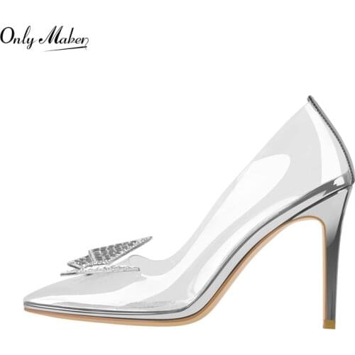 Onlymaker Pointed Toe Stiletto Heel Pumps Metal Heel Slip-on Pumps PVC Rhinestone Metal Decoration Jelly Shoes