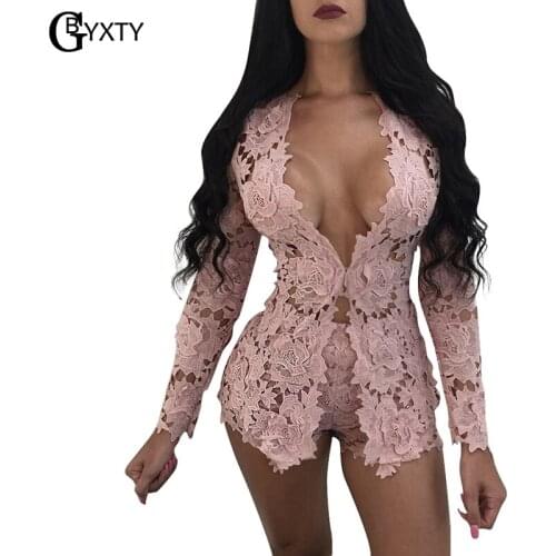 GBYXTY Sexy Hollow Out Lace Club Sets Women 2 Piece Sets 2021 Spring Summer Long Sleeve Tops and Shorts Sets Pink Outfit ZL102