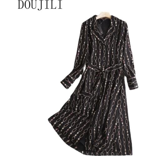 DOUJILI 2021 Spring Autumn England Dress Geometric Chain Pringting Long Sleeve Fashion Office Dress For Women