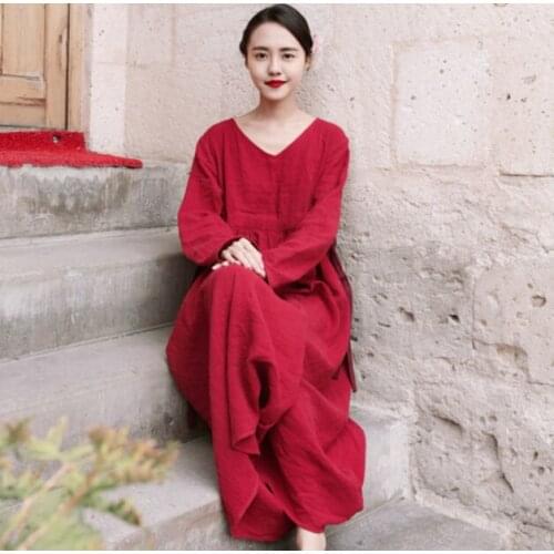 New styles 2020 Spring Autumn women V-neck long sleeve dress,comfortable Soft cotton linen long dress,plus size dress S- 5XL 6XL