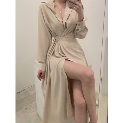 Women Single Breasted Midi Lace Up Slim Solid Shirt Dress Long Sleeve Elegant Vestidos Femme
