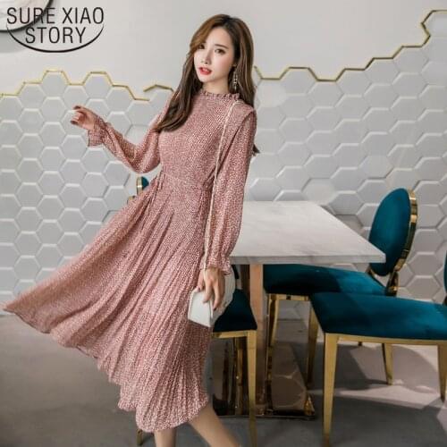 Spring Full Sleeve Elastic Slim Waist Chiffon Spring A-line midi Dress 2021 Elegant Stand Collar Floral Print Women Dress