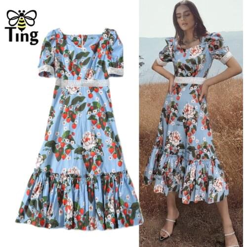 Tingfly Summer Vintage Elegant Floral A Line Dress Women Puff Short Sleeve High Waist Midi Long Dress Casual Street Chic Robes
