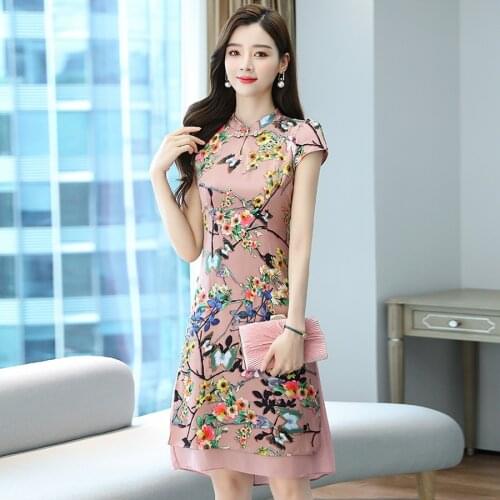 2021 Vintage Chinese Style Floral Chiffon Sexy Sundress Summer Fashion Plus Size Party Sexy Dress Elegant Bodycon Women Vestidos