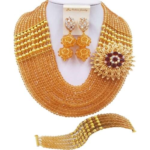 ACZUV Champagne Gold African Beads Jewelry Set Nigerian Wedding Necklace 10C-2-2P-003