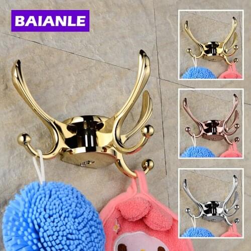 BAIANLE Rotation Three Hooks Rose Gold Wall Clothes Rack Clothes Hook Wall Hook Robe Hook For Bathroom Accessory Hanger