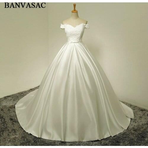 BANVASAC 2017 New Beadings Boat Neck Wedding Dresses Short Sleeve Satin Bowknot Sash Sequined Court Train Bridal Ball Gowns