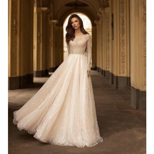 Brilliant Wedding Dress 2021 A-Line O-Neck Long Sleeve Lace Sequins Button Sweep Train Vintage Bride Gown Vestidos De Noiva