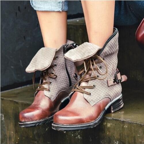 Vintage Genuine Leather Women Short Boots Fashion Lace Up Flats Shoes Woman Winter Big Size Chelsea Booties England Ankle Boots