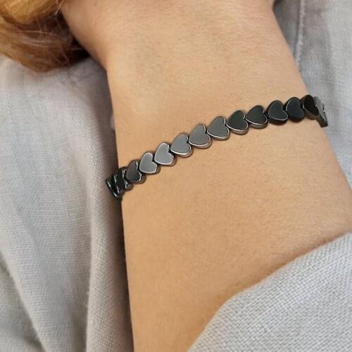 Beaded Bracelet for Women, Love Shape Heart Chain Bracelet, 6mm Black Hematite Nature Stone