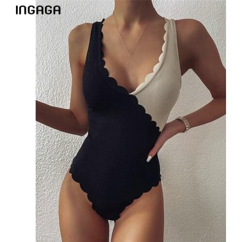 INGAGA Scalloped One Piece Swimsuits Women Swimwear Black Patchwork Bathing Suits 2021 Ribbed Bathers Female V-neck Bodysuit