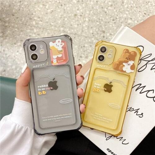 Cute Bear Cartoon Rabbit Card Bag Phone Case For iPhone 11 12 Pro Max XS Max X XR 7 8 Plus Clear Soft TPU Shockproof Back Cover