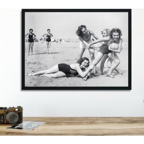 Black and White Vintage Beach Volleyball Photo Poster Canvas Print Women Playing Sports Girls Having Fun Painting Wall Art Decor