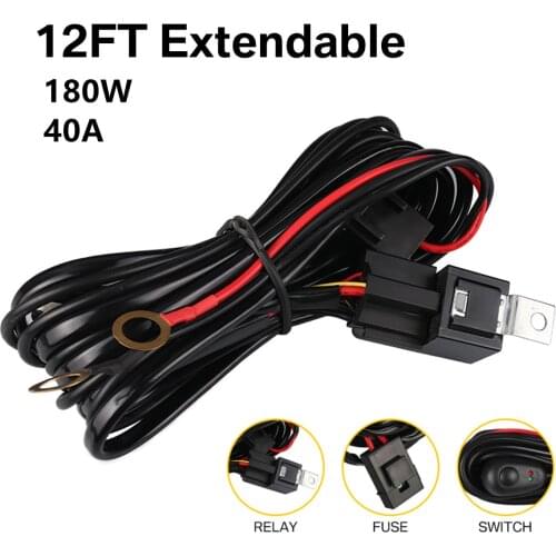 12ft 180W Auto Car Cable Wiring Harness Kit 40A 12V On Off Switch Power Relay 30A Blade Fuse for LED Work Light Off Road Lights