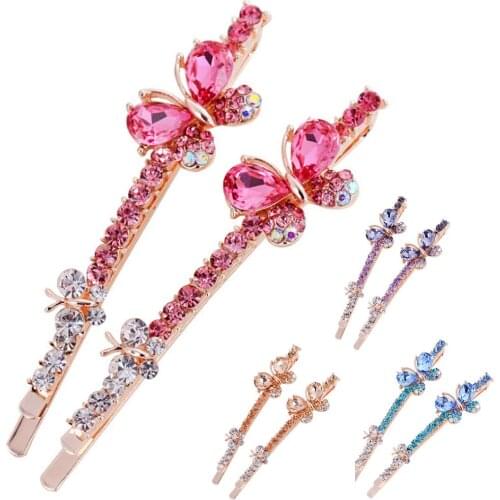 2Pcs Korean Bling Crystal Butterfly Hair Clip Barrette Hairpin Fashion Edge Clamp Metal Cute Hair Accessories Styling Tool