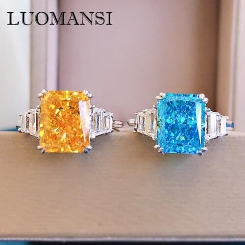 Luomansi 100%-S925 Silver 8*10 Aquamarine / Yellow High Carbon Diamond Ring Wedding Engagement Cocktail Party Fine Jewelry